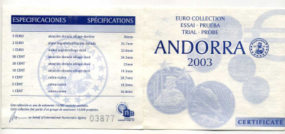 Андорра евронабор из 9 монет (с 5 евро) 2003 в оригинальной коробке, с сертификатом, PROBA, пробники    PROOF  5-4-6-13