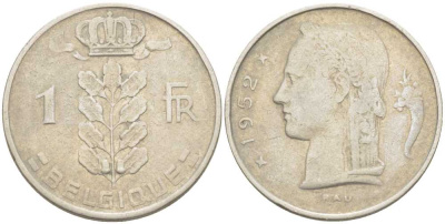 БЕЛЬГИЯ 1 ФРАНК 1952 BELGIQUE, БОДУЭН I (1951-1993) KM 142.1 медно-никель 213-455