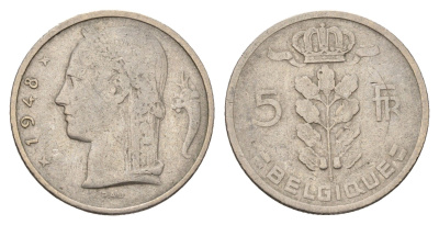 Бельгия 5 франков 1948 Belgique KM 134 медно-никель 210-1026