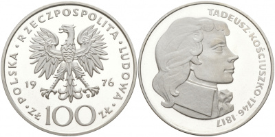 Польша 100 злотых 1976 MW, Тадеуш Костюшко (1746-1817) KM 82, Parchimowicz 274 серебро PROOF 1087-8-65