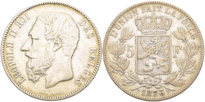 Бельгия 5 франков 1873 Леопольд II (1865-1909) KM 24 серебро 4184-625