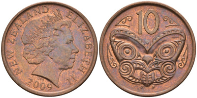 Новая Зеландия 10 центов 2009 маска Маори, Елизавета II (1952-) KM 117а сталь плакированная медью 4179-945