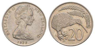 Новая Зеландия 20 центов 1977 Елизавета II (1952-2022), птичка киви KM 36.1 медно-никель 4182-1147