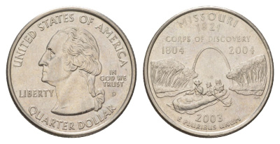 США 25 центов (квотер, 1/4 доллара) 2003 D, Квотер штата Миссури KM 346 медь плакированный медно-никелем UNC 4628-1237