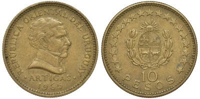 Уругвай 10 песо 1965 KM 48 алюминиевая бронза 4574-1232