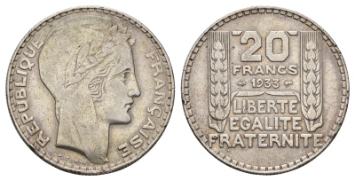 Франция 20 франков 1933 KM 879 серебро 1519-411