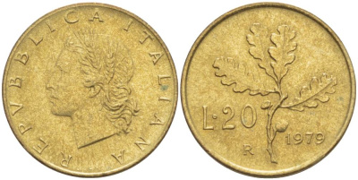 ИТАЛИЯ 20 ЛИР 1979 R, ДУБОВЫЕ ЛИСТЬЯ KM 97.2 алюминиевая бронза 4551-313