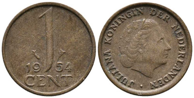Нидерланды 1 цент 1954 Юлиана (1949-1980) KM 180 бронза 39-1257