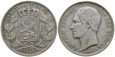 Бельгия 5 франков 1850 Леопольд I (1831-1865), точка над датой KM 17 серебро 74-1125
