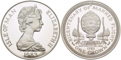 Остров Мэн 1 крона 1983 серия 200 лет пилотируемому полету, воздушный шар братьев Монгольфье КМ 103a серебро PROOF 1078-1-52