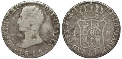 Испания 2 реала 1812 AI, ЖОЗЕФ БОНАПАРТ KM 540.1 (C 90.1) серебро 00-00