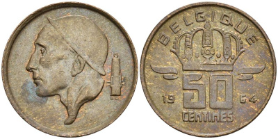 БЕЛЬГИЯ 50 САНТИМОВ 1964 BELGIQUE KM 148.1 бронза 4528-941