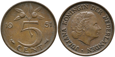 НИДЕРЛАНДЫ 5 ЦЕНТОВ 1951 ЮЛИАНА KM 181 бронза 100-567
