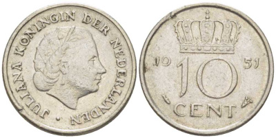 Нидерланды 10 центов 1951 Юлиана (1949-1980) KM 182 никель 214-1142
