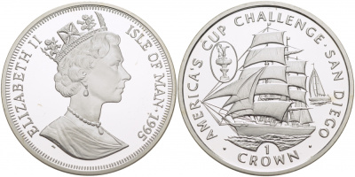 Остров Мэн 1 крона 1995 АМЕРИКАНСКИЙ КУБОК ЧЕЛЛЕНЖЕРА В САН ДИЕГО, ПАРУСНИК KM 524a серебро PROOF 00-000-00