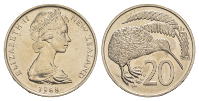 Новая Зеландия 20 центов 1968 Елизавета II (1952-2022), птичка киви, тираж 35.000 экземпляров KM 36 медно-никель BU 93-526