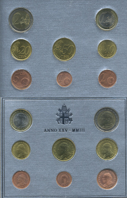 ВАТИКАН ЕВРОНАБОР ИЗ 8 МОНЕТ 2003 ИОАНН ПАВЕЛ II, В ОРИГИНАЛЬНОМ БУКЛЕТЕ KM MS 109 биметалл UNC 7-5-46