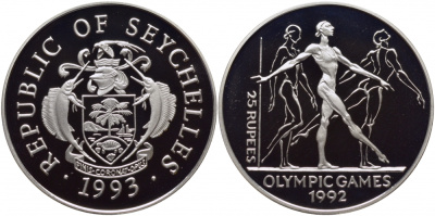 Сейшельские острова 25 рупий 1993 XXV летние олимпийские игры 1992 года в Барселоне, гиманстика, тираж 40000 экз. KM 70 серебро PROOF 1077-2-62