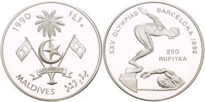 Мальдивские острова 250 руфий 1990 XXV Олимпийские игры в Барселоне 1992 года, плавание KM 85 серебро PROOF 1081-8-12