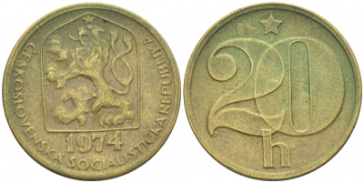 ЧЕХОСЛОВАКИЯ 20 ГЕЛЛЕРОВ 1974 KM 74 латунь 3309-659