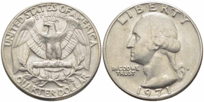 США 25 центов (квотер) 1971 Вашингтон KM 164а медь плакированная медно-никелем 63-843
