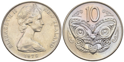 Новая Зеландия 10 центов 1970 Елизавета II (1952-2022), маска маори KM 41.1 медно-никель  UNC  4182-1057