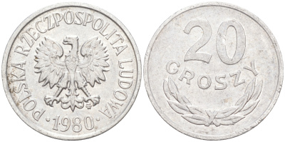 ПОЛЬША 20 ГРОШЕЙ 1980 MW KM A47 алюминий VF-XF 188-449