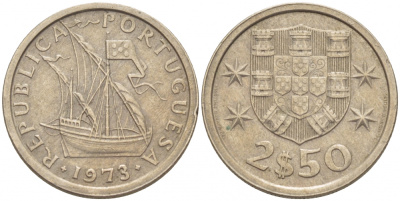 ПОРТУГАЛИЯ 2,5 ЭСКУДО 1973 ПАРУСНИК KM 590 медно-никель 3851-1062