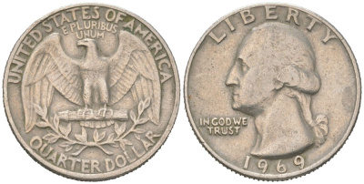 США 25 центов = квотер = 1/4 доллара 1969 Джордж Вашингтон KM 164a медь плакированная медно-никелем 190-1251