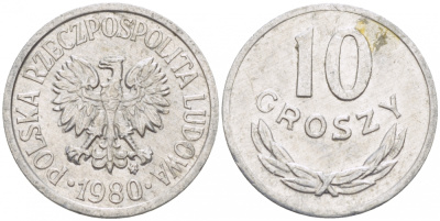 ПОЛЬША 10 ГРОШЕЙ 1980 MW KM АА47 алюминий 214-762