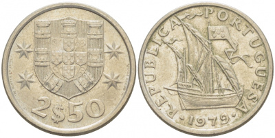 ПОРТУГАЛИЯ 2,5 ЭСКУДО 1979 ПАРУСНИК KM 590 медно-никель 3718-323