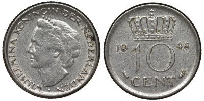Нидерланды 10 центов 1948 Вильгельмина (1895-1948) KM 177 никель 4124-465