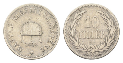 Венгрия 10 филлеров 1893 KB, Франц Иосиф I (1848-1916) KM 482 никель 4665-713