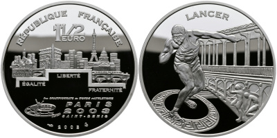 Франция 1 1/2 евро 2003 Чемпионат мира по лёгкой атлетике 2003 года в Сен-Дени, толкание ядра KM 1843 серебро PROOF 1095-3-24