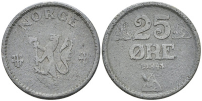 Норвегия 25 эре 1943 Хокон VII (1905-1957) KM 395 цинк 4580-1027