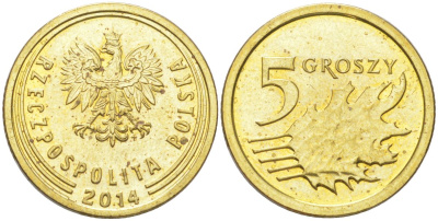 Польша 5 грошей 2014 Y 925 сталь плакированная латунью UNC 4614-268