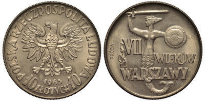 Польша 10 злотых 1965 MW, 700 лет Варшаве, проба, probe KM Pr 131 медно-никель  UNC 1523-422