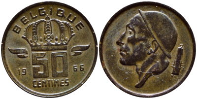 БЕЛЬГИЯ 50 САНТИМОВ 1966 BELGIQUE KM 148.1 бронза 4392-1347