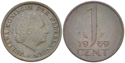 НИДЕРЛАНДЫ 1 ЦЕНТ 1969 ЮЛИАНА (1948-1980) KM 180 бронза 214-1045