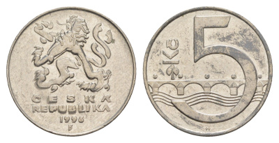 Чехия 5 крон 1996 чешский лев, Карлов мост KM 8 сталь плакированная никелем 4546-1126