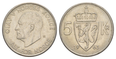 Норвегия 5 крон 1963 Улаф V (1957-1991) KM 412 медно-никель 4162-211
