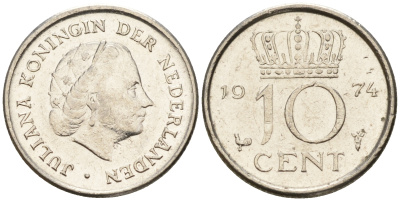 Нидерланды 10 центов 1974 Юлиана (1948-1980) КМ 182 никель    4602-534