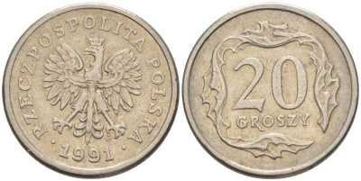 Польша 20 грошей 1991 MW KM 280 медно-никель 201-511