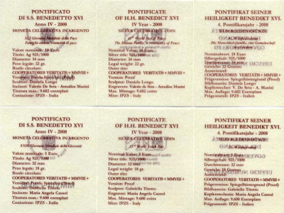 Ватикан 5 евро 2008 Всемирный день молодежи и 10 евро 2008 Всемирный день мира, Бенедикт XVI, в оригинальных коробках с сертификатами KM 406, 407 серебро PROOF 4-3-3-04