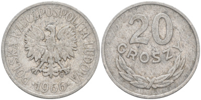 ПОЛЬША 20 ГРОШЕЙ 1966 MW KM A47 алюминий VF 188-264