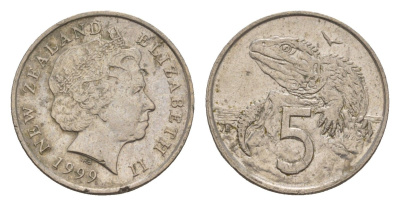 Новая Зеландия 5 центов 1999 Елизавета II (1952-2022), ящерица гаттерия KM 116 медно-никель 4655-1161
