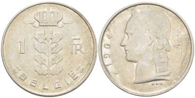 БЕЛЬГИЯ 1 ФРАНК 1964 BELGIE, БОДУЭН I (1951-1993) KM 143.1 медно-никель 213-333