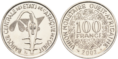 Валютное сообщество стран Западной Африки 100 франков 2002  KM 4 никель  UNC  4595-821