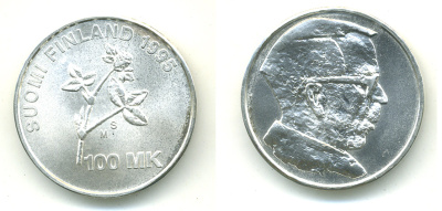 Финляндия 100 марок 1995 100 лет со дня рождения Арттури Виртанен, биохимик KM 80 серебро UNC 01-149-32