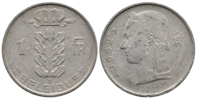 БЕЛЬГИЯ 1 ФРАНК 1952 BELGIQUE KM 142.1 медно-никель 4382-911